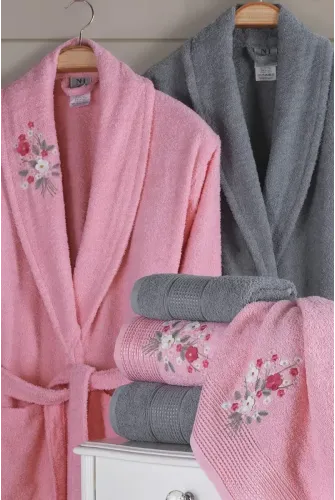 Newhome Mimoza 6 Parça Kutulu %100 Pamuk Aile Bornoz Seti Pembe/Gri