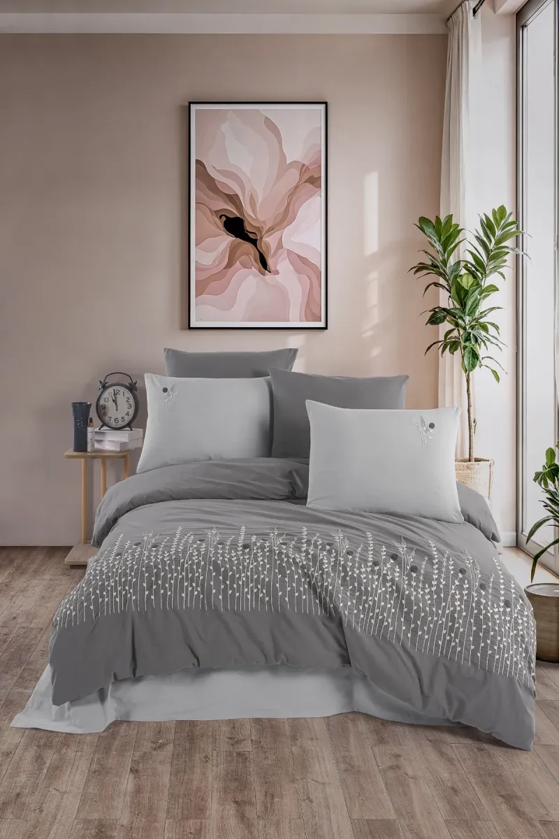 Newhome Diamond Diva Antrasit Lüx Nakışlı %100 Pamuk Çift Kişilik Nevresim Takımı