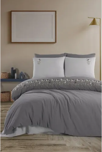 Newhome Diamond Florin Antrasit Lüx Nakışlı %100 Pamuk Çift Kişilik Nevresim Takımı