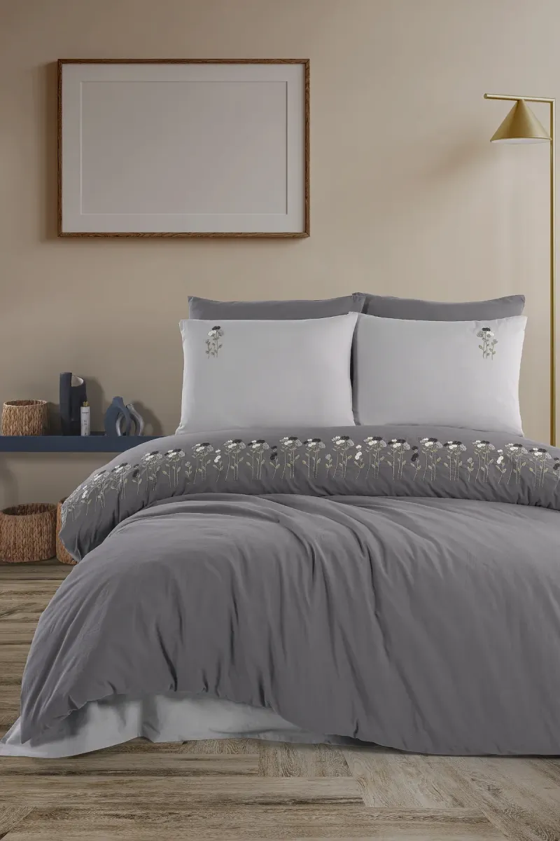 Newhome Diamond Florin Antrasit Lüx Nakışlı %100 Pamuk Çift Kişilik Nevresim Takımı