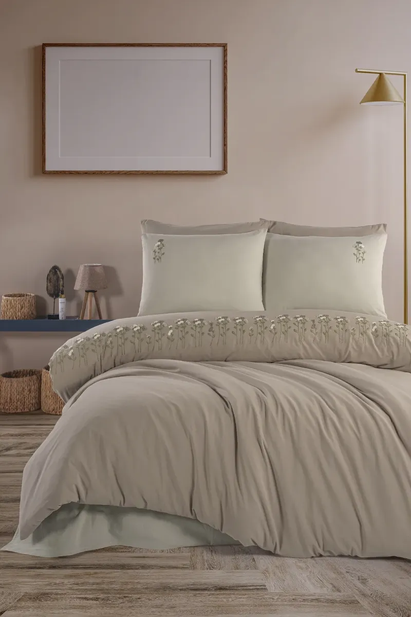 Newhome Diamond Florin Kahve Lüx Nakışlı %100 Pamuk Çift Kişilik Nevresim Takımı
