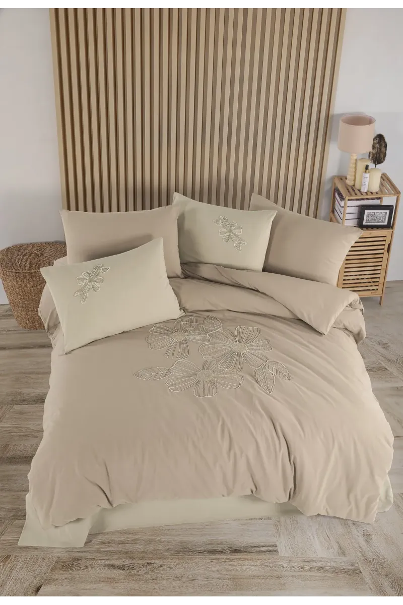 Newhome Diamond Lotus Kapiçino Lüx Nakışlı %100 Pamuk Çift Kişilik Nevresim Takımı