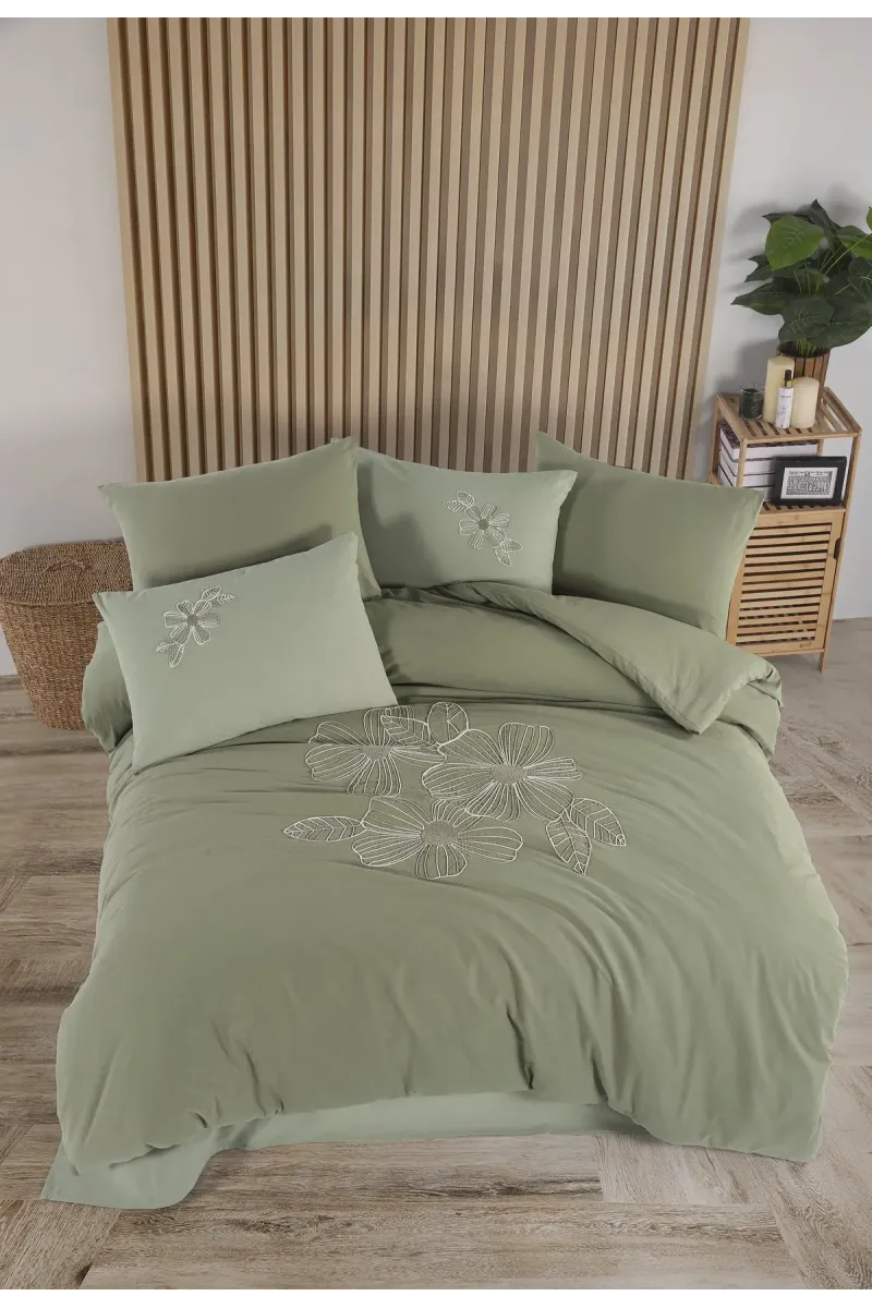 Newhome Diamond Lotus Adaçayı Lüx Nakışlı %100 Pamuk Çift Kişilik Nevresim Takımı