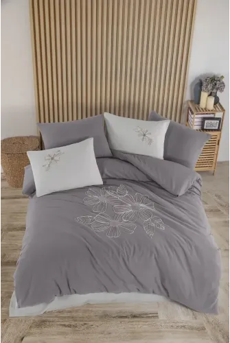 Newhome Diamond Lotus Antrasit Lüx Nakışlı %100 Pamuk Çift Kişilik Nevresim Takımı