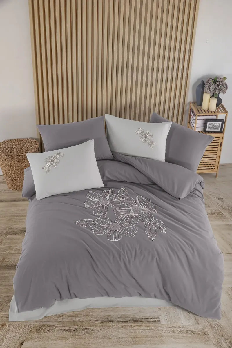 Newhome Diamond Lotus Antrasit Lüx Nakışlı %100 Pamuk Çift Kişilik Nevresim Takımı