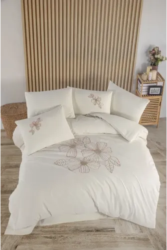 Newhome Diamond Lotus Krem Lüx Nakışlı %100 Pamuk Çift Kişilik Nevresim Takımı
