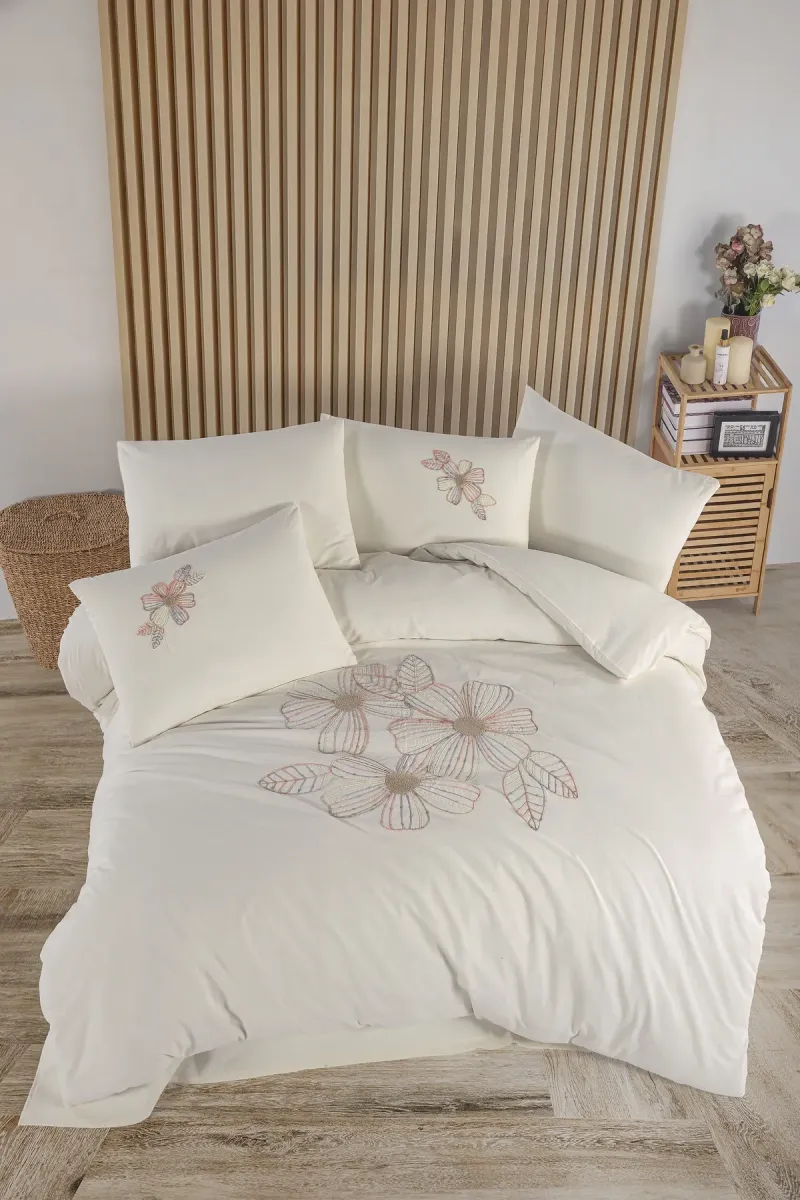 Newhome Diamond Lotus Krem Lüx Nakışlı %100 Pamuk Çift Kişilik Nevresim Takımı