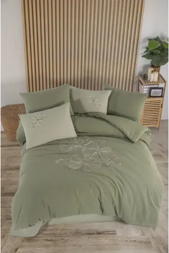Newhome Diamond Lotus Yeşil Lüx Nakışlı %100 Pamuk Çift Kişilik Nevresim Takımı