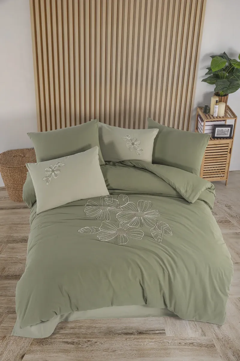 Newhome Diamond Lotus Yeşil Lüx Nakışlı %100 Pamuk Çift Kişilik Nevresim Takımı