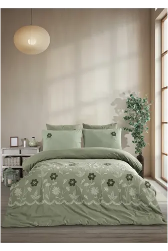 Newhome Diamond Vita Adaçayı Lüx Nakışlı %100 Pamuk Çift Kişilik Nevresim Takımı