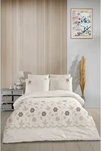 Newhome Diamond Vita Krem Lüx Nakışlı %100 Pamuk Çift Kişilik Nevresim Takım