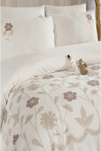 Newhome Diamond Vita Krem Lüx Nakışlı %100 Pamuk Çift Kişilik Nevresim Takım
