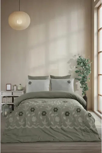 Newhome Diamond Vita Yeşil Lüx Nakışlı %100 Pamuk Çift Kişilik Nevresim Takım