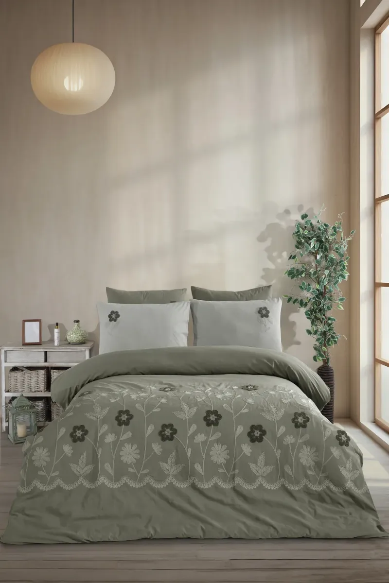 Newhome Diamond Vita Yeşil Lüx Nakışlı %100 Pamuk Çift Kişilik Nevresim Takım